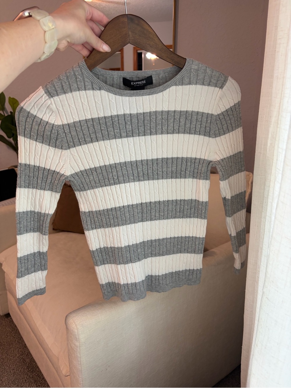 Express Gray & White Striped Ribbed Sweater